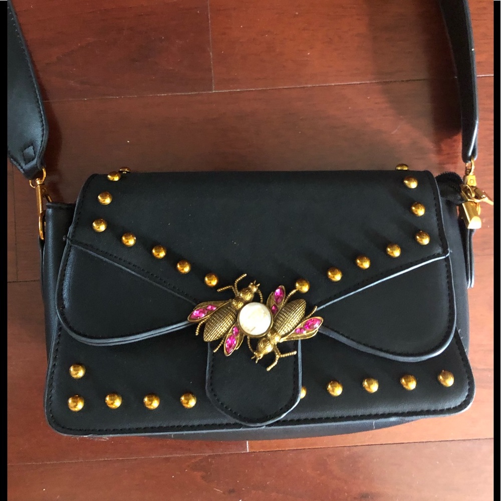 Black leather bumble bee purse